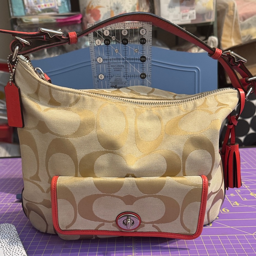 Coach Legacy Sig C Hobo Bag Khaki w/Coral leather trim